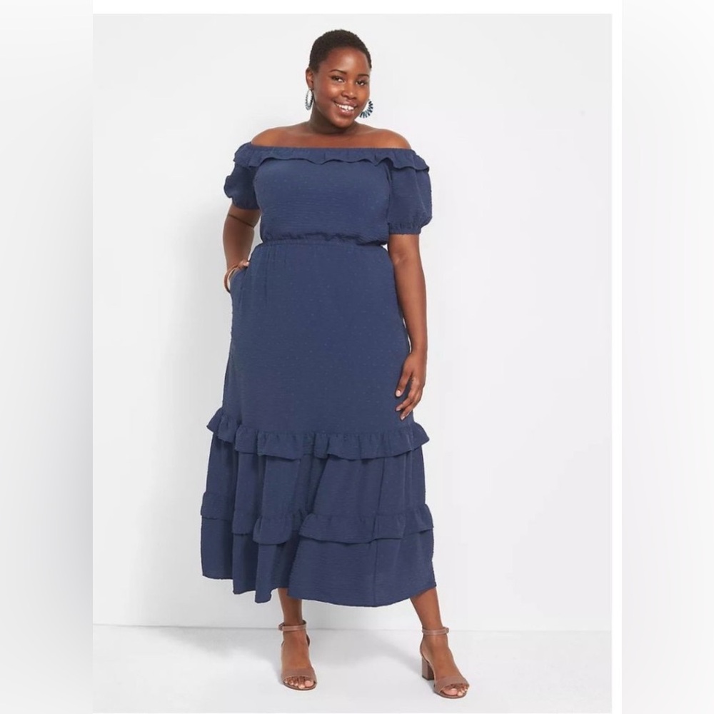 Lane Bryant Maxi Dress 24 Blue Swiss Dot Ruffle Tiered Off-Shoulder